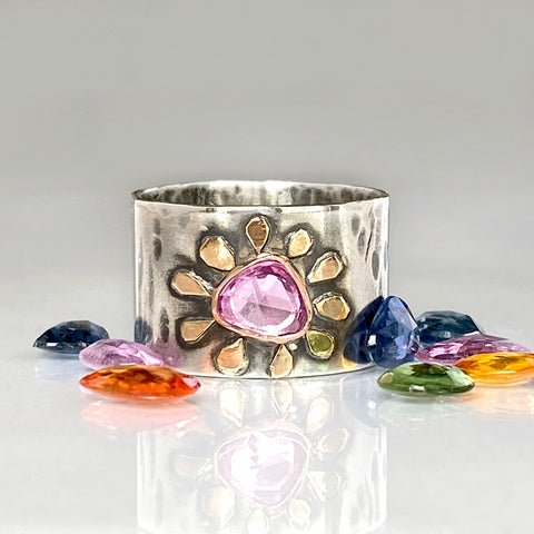 wide band sapphire flower ring