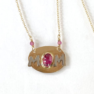 14K MOM Necklace with Rubellite Tourmaline, Custom Mothers Day Necklace, SOLID Yellow Gold