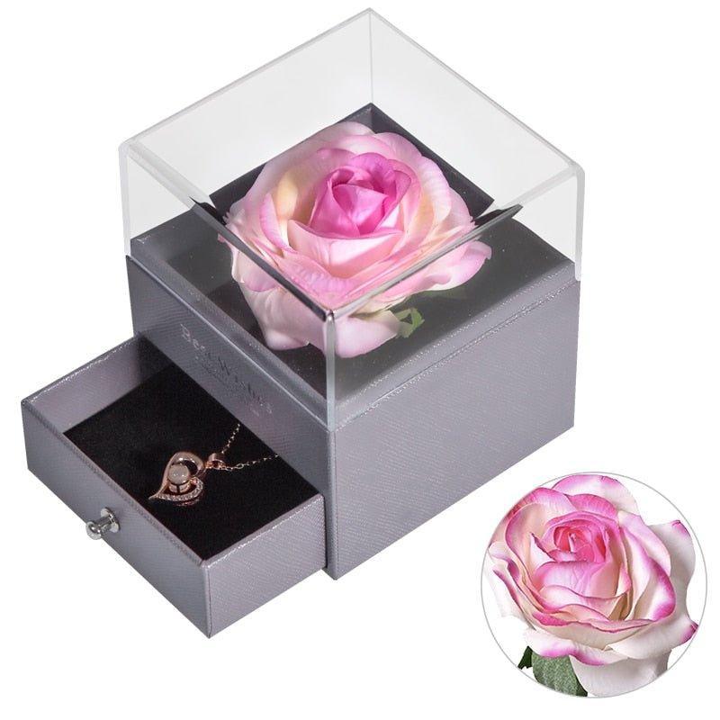 Caixa Rosa encantada + Colar Eu te Amo em 100 idiomas - Montisashop