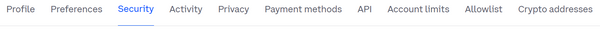 Coinbase Security Settings Tab