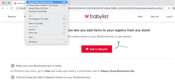 Babylist button bookmark bar