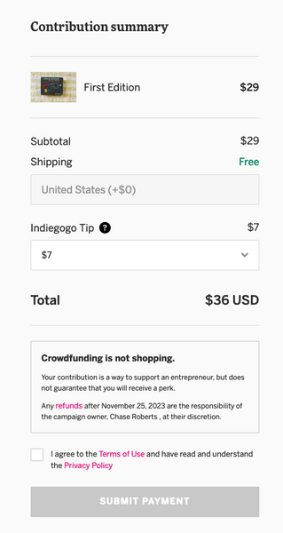 Indiegogo soliciting tips