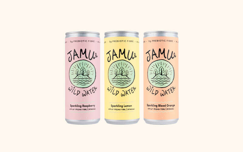 3 Jamu Wild Water cans against a cream background. Raspberry (pink packaging), Lemon (yellow packaging) and Blood Orange (orange packaging).