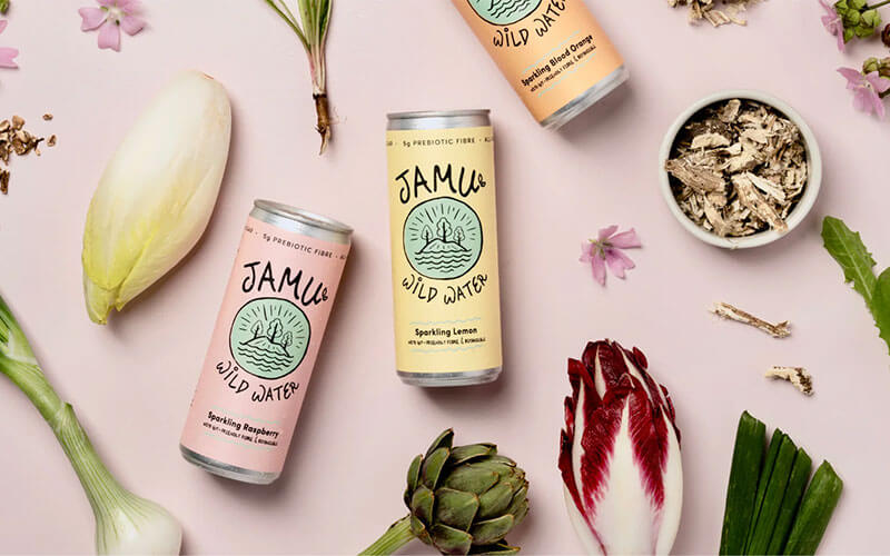 3 Jamu Wild Water cans laid next to an assortment of botanicals.