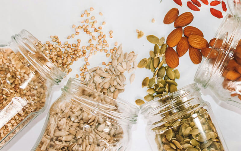 A selection of nuts and seeds that can help to boost a daily dietary fibre intake.