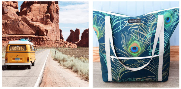 Summer road trip with peacock tote bag