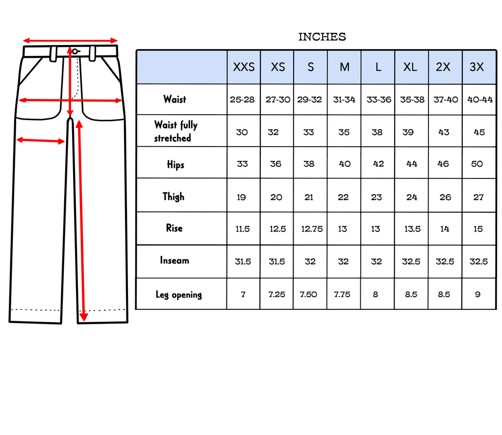 Work Pant size chart – HO HOS HOLE IN THE WALL