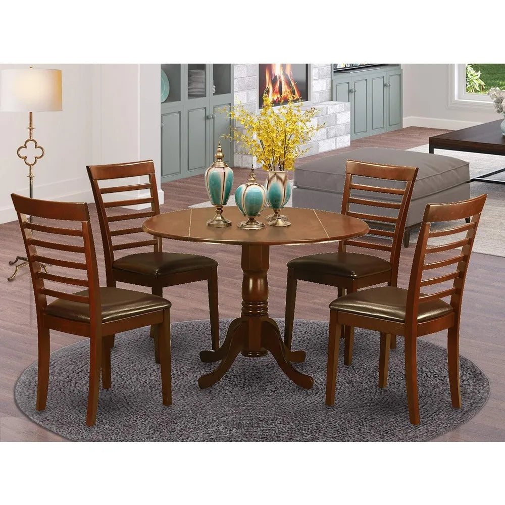5 Piece Modern Set Includes a Round Wooden Table with Dropleaf