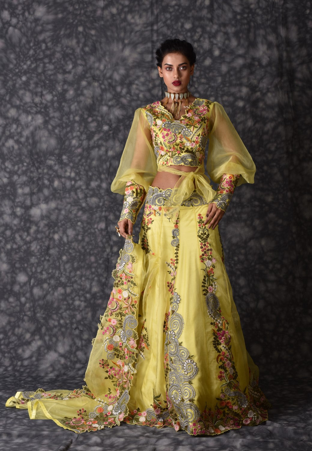 Mustard & Sea Green Colored Designer Crop top Choli & Lehenga with Jacket