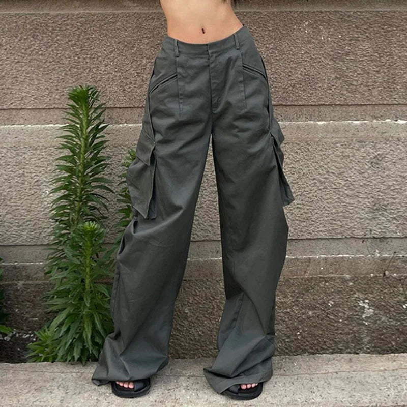 Cyflymder  American Retro Baggy Cargo Pants Y2K Streetwear Low-Waisted Wide Leg Trousers Female Fashion Big Pocket Straight Pants