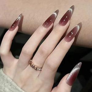Cyflymder  30Pcs Wine Red Fake Nails With Gradient Print Design Long Stiletto False Nails Wearabe Almond Press on Nails Full Cover Tips - cyflymder