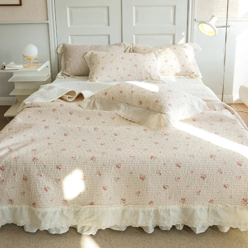 Cyflymder  3Pcs Pure Cotton Floral Single Layer Lace Ruffles Bedspread, Mattress Cover Set, Bed Skirt, Bed Sheet Set, Coverlets, Pillowcase