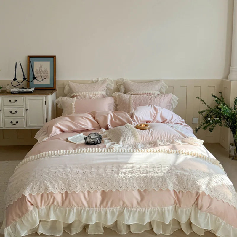 Cyflymder  4Pcs Pink  Lace Ruffles Sweet Girl Bedding Set Pure Cotton Queen King Size Duvet Cover Bed Sheet Or Quilted Bedspread Pillowcase