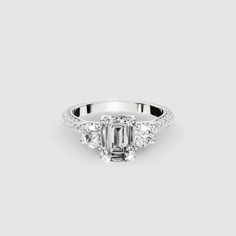 Trilogy Studded Engagement Ring - Emerald Cut