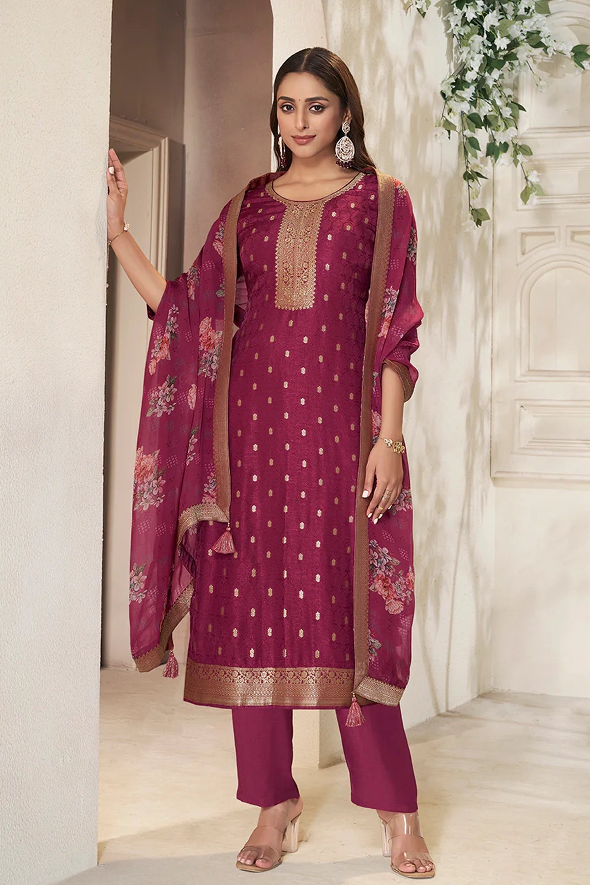 Maroon Dola Silk Jacquard Weave Embroidered Pant Style Kurta Set
