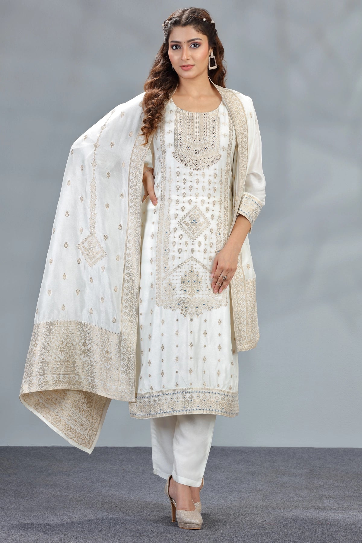 Off-White Brocade Silk Straight Kurta Set