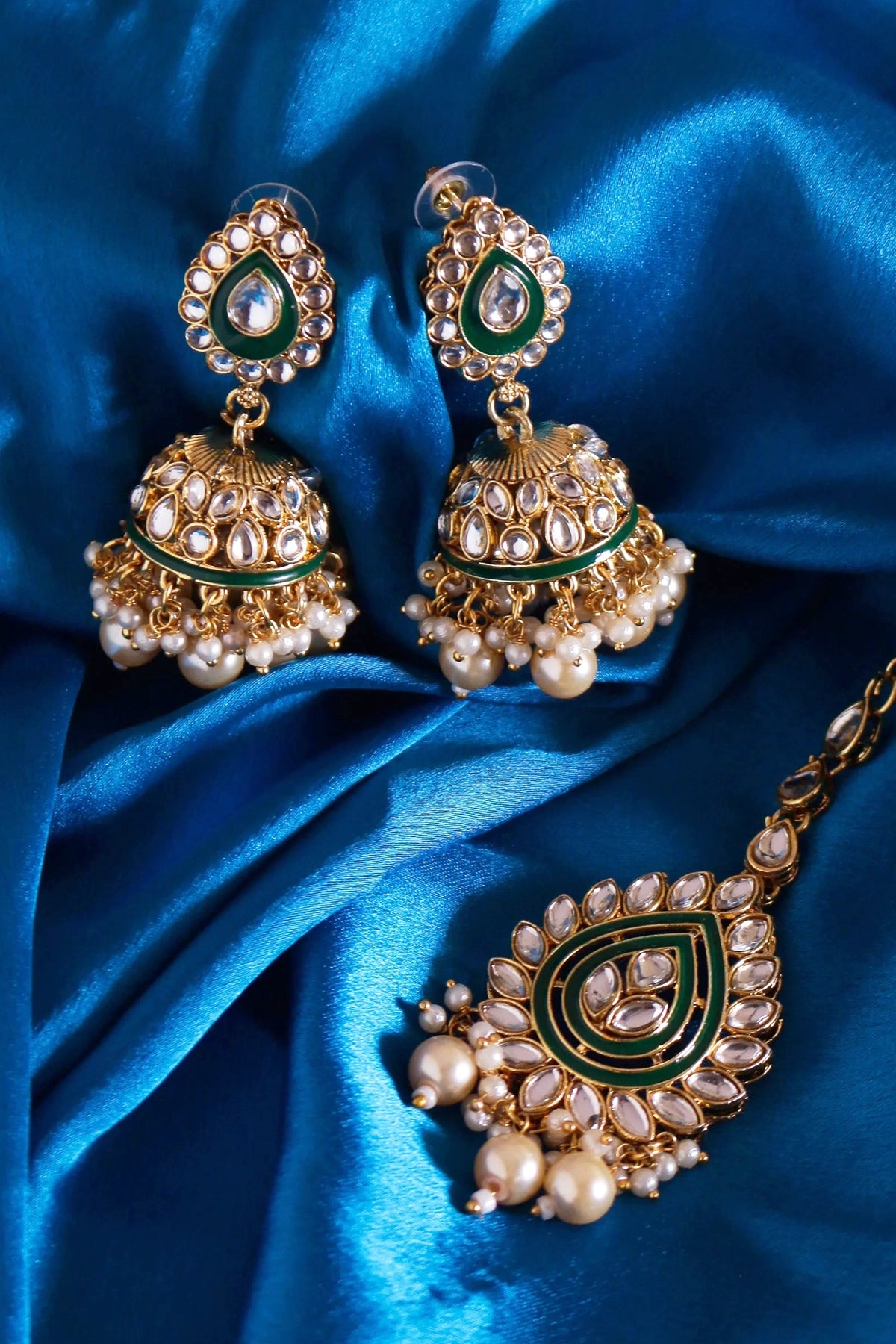 Green Jhumka Earrings with Maang Tikka Set