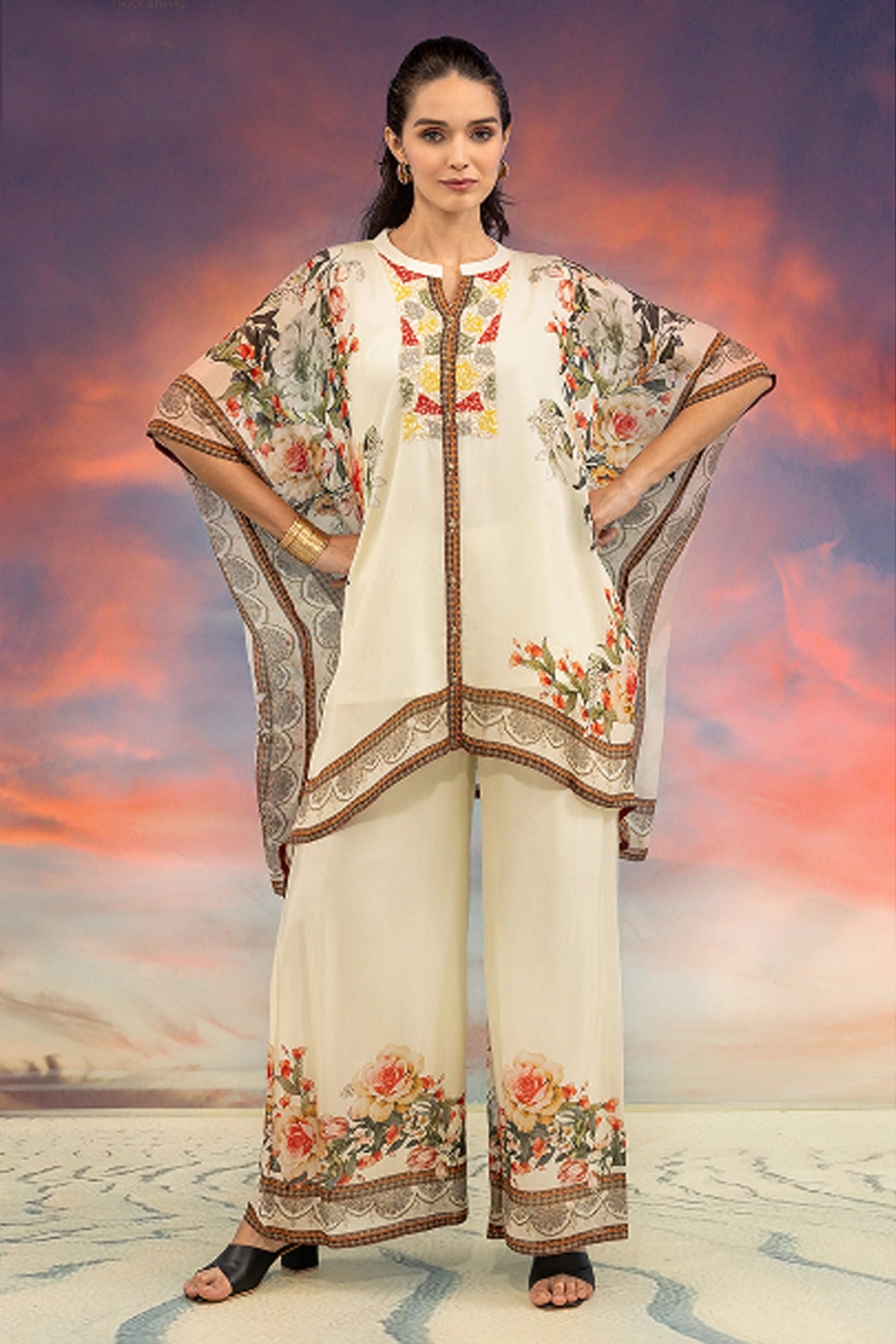 Ivory Chinon Silk Printed Kaftan & Palazzo Set