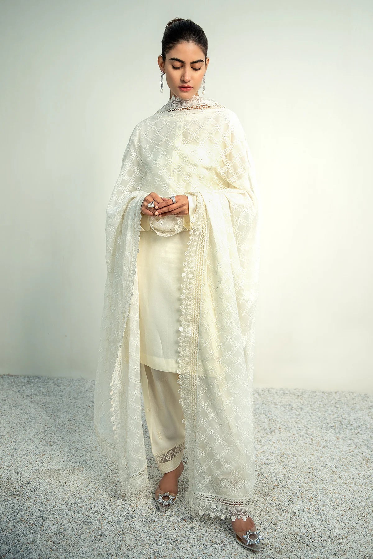 Ivory Embroidered Chiffon Designer Dupatta