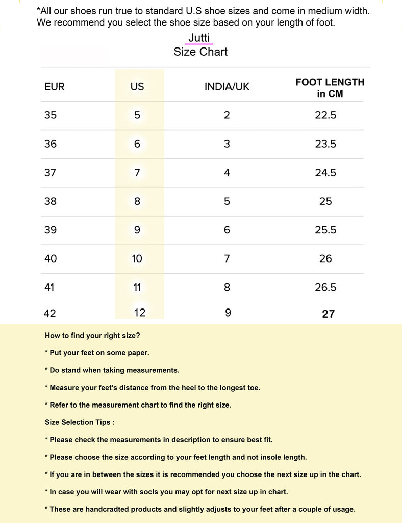 Jutti Size Chart - Best Indian Clothing for Women | PinkPhulkari California