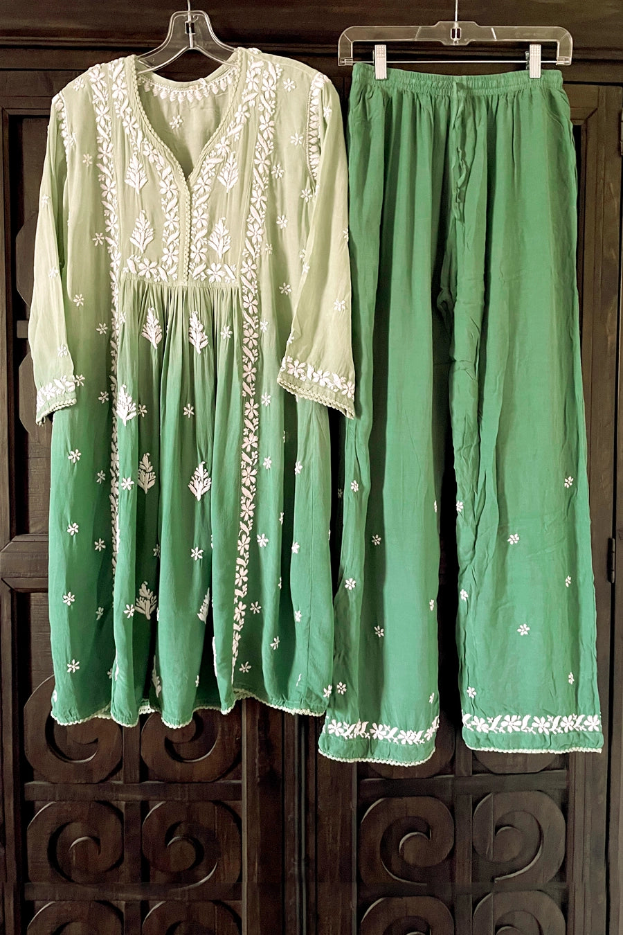 Green Lucknowi A-Line Peplum Kurta Pant Style Suit