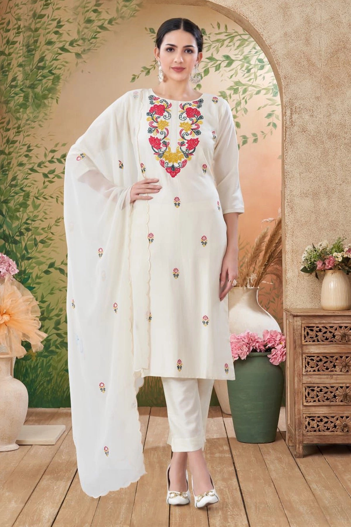 Ivory Embroidered Muslin Silk Suit Set