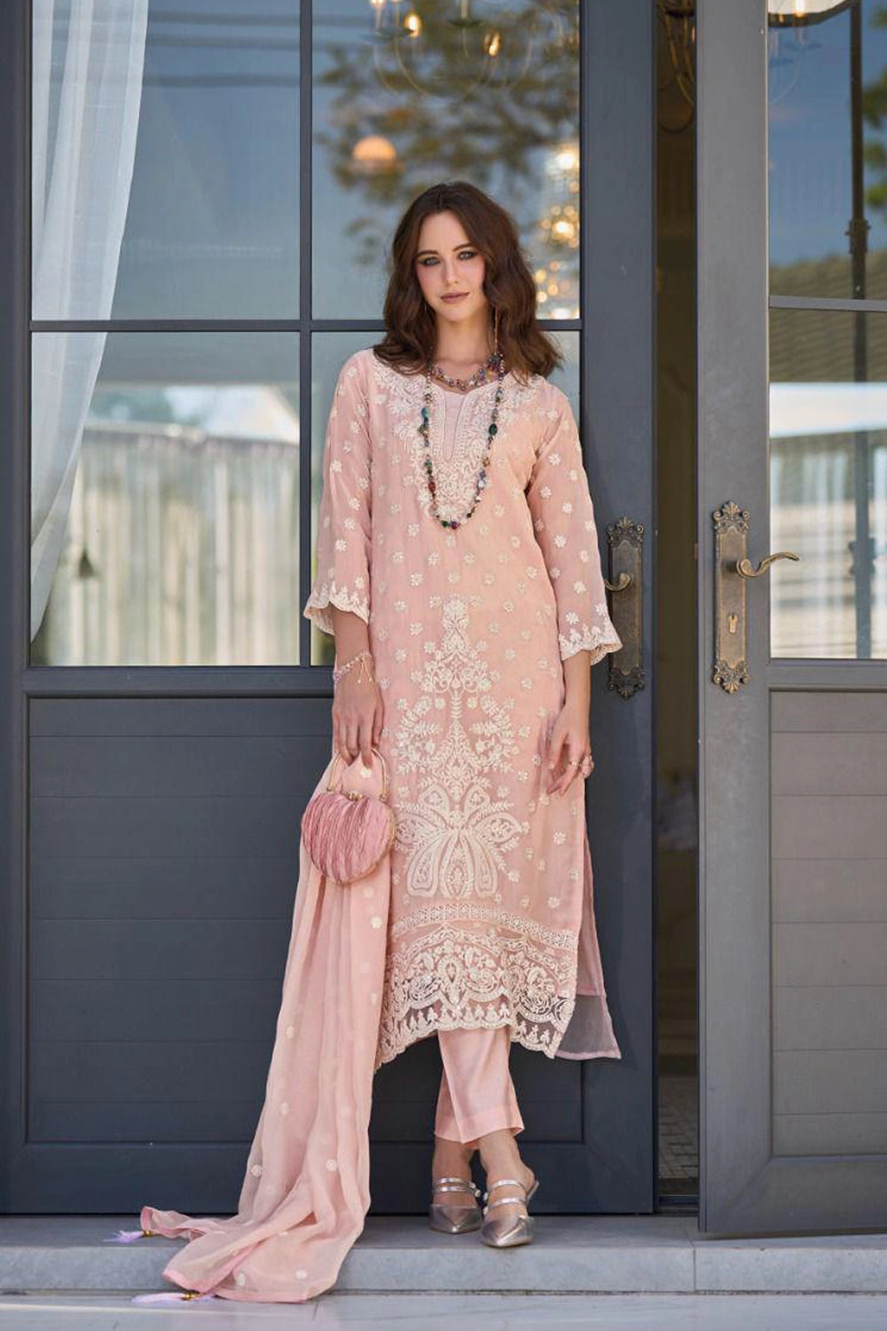 Peach Pink Heavy Embroidery Work Organza Suit