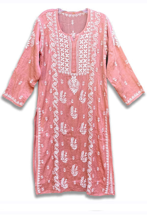 Satin Silk Lucknowi Chikankari Ladies Straight Kurta - PinkPhulkari California