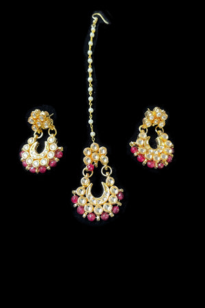Diva Red Chandbali Earrings & Maang Tikka Set - PinkPhulkari California