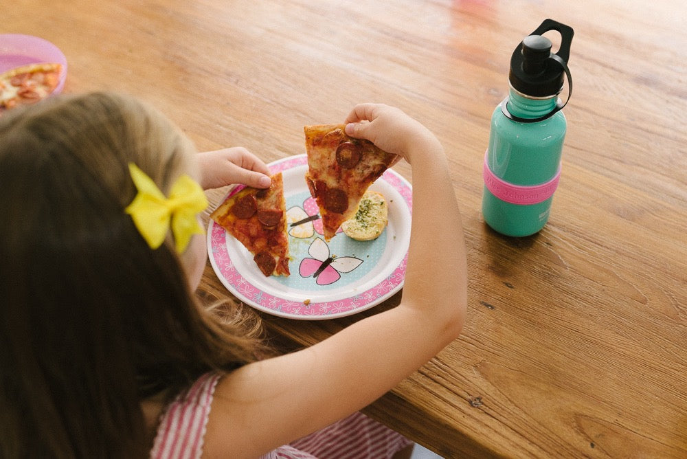 Kids with Pizza and water bottles