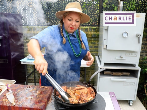 Sam Evans from Hangfire BBQ cooking at the Charlie Oven Mardi Gras Masterclass