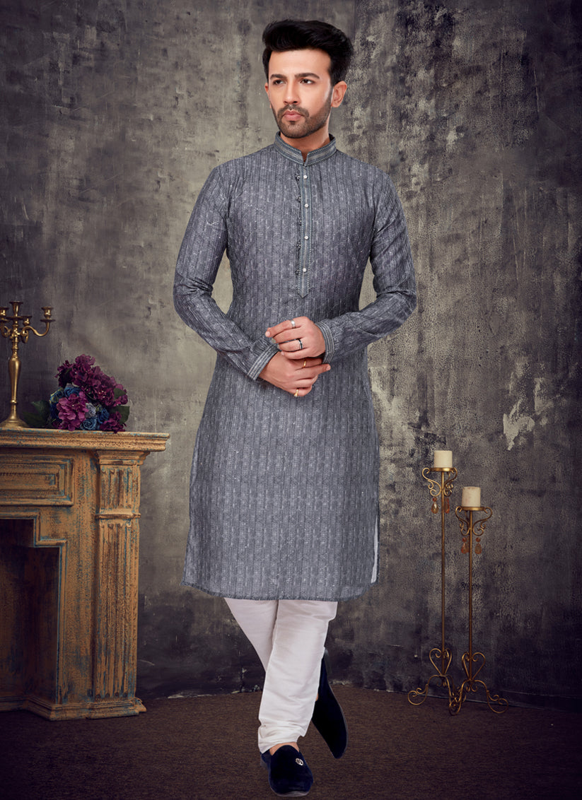 Dusty Green Slub Silk Embroidered Mens Kurta Pyjama Set TDO