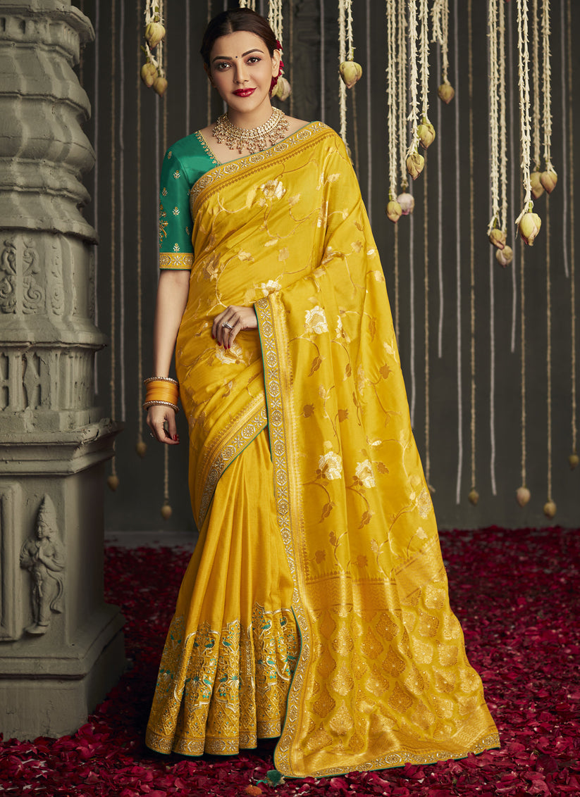 Light Mustard Yellow Soft Silk Designer Saree Adorned with Delicate Di