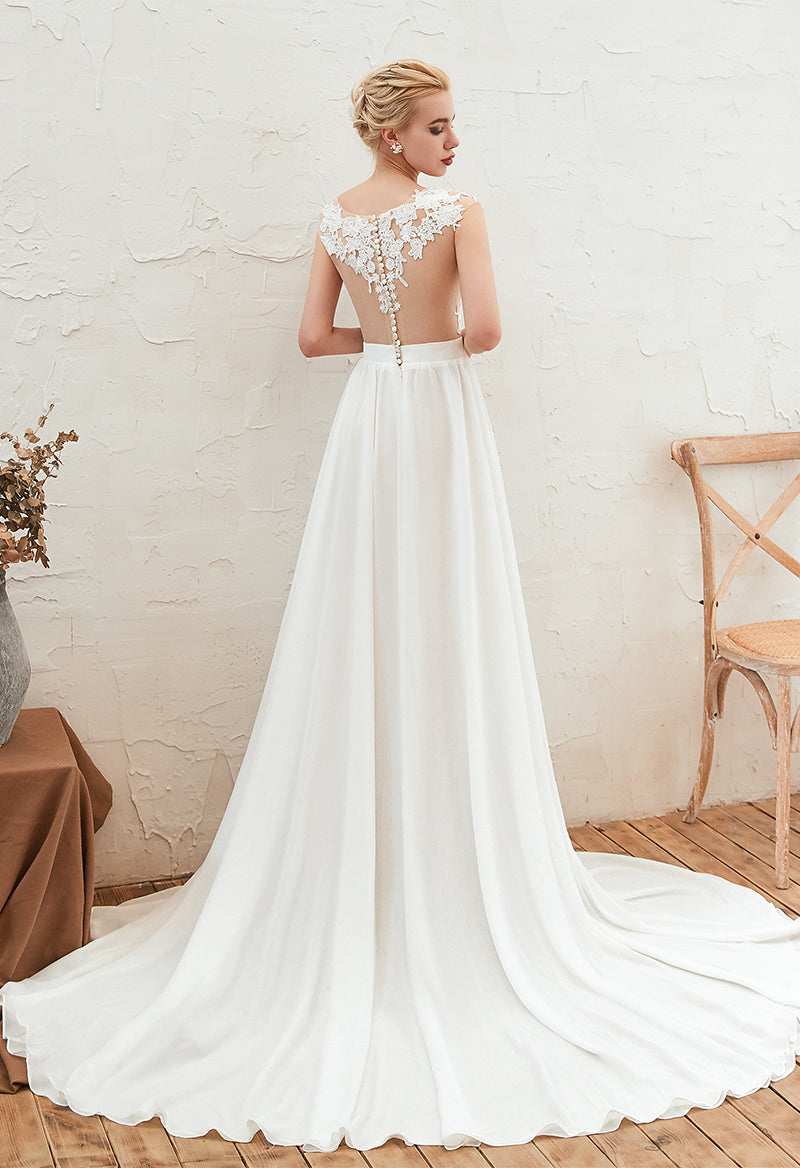 Scoop Neck Sleeveless A Line Satin Tulle Court Train Wedding Dress