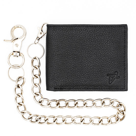 RFID Safe Genuine Leather Bifold Chain Wallet with A Clear Window ID a