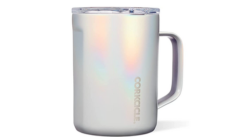 Iridescent Corkcicle coffee mug with lid on Amazon