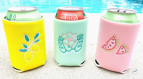 Custom embroidered Koozies by the pool from Haley Hamilton Art