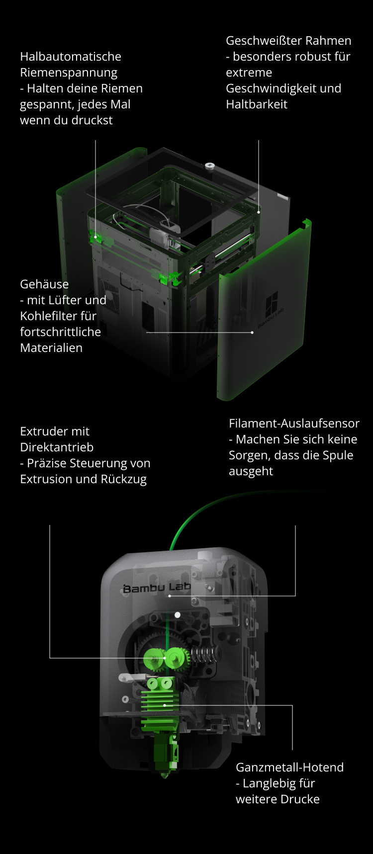 Filament run-out sensor, Semi-automatic belt tensioning, Direct-drive extruder
Welded frame, All-metal Hotend, Enclosure