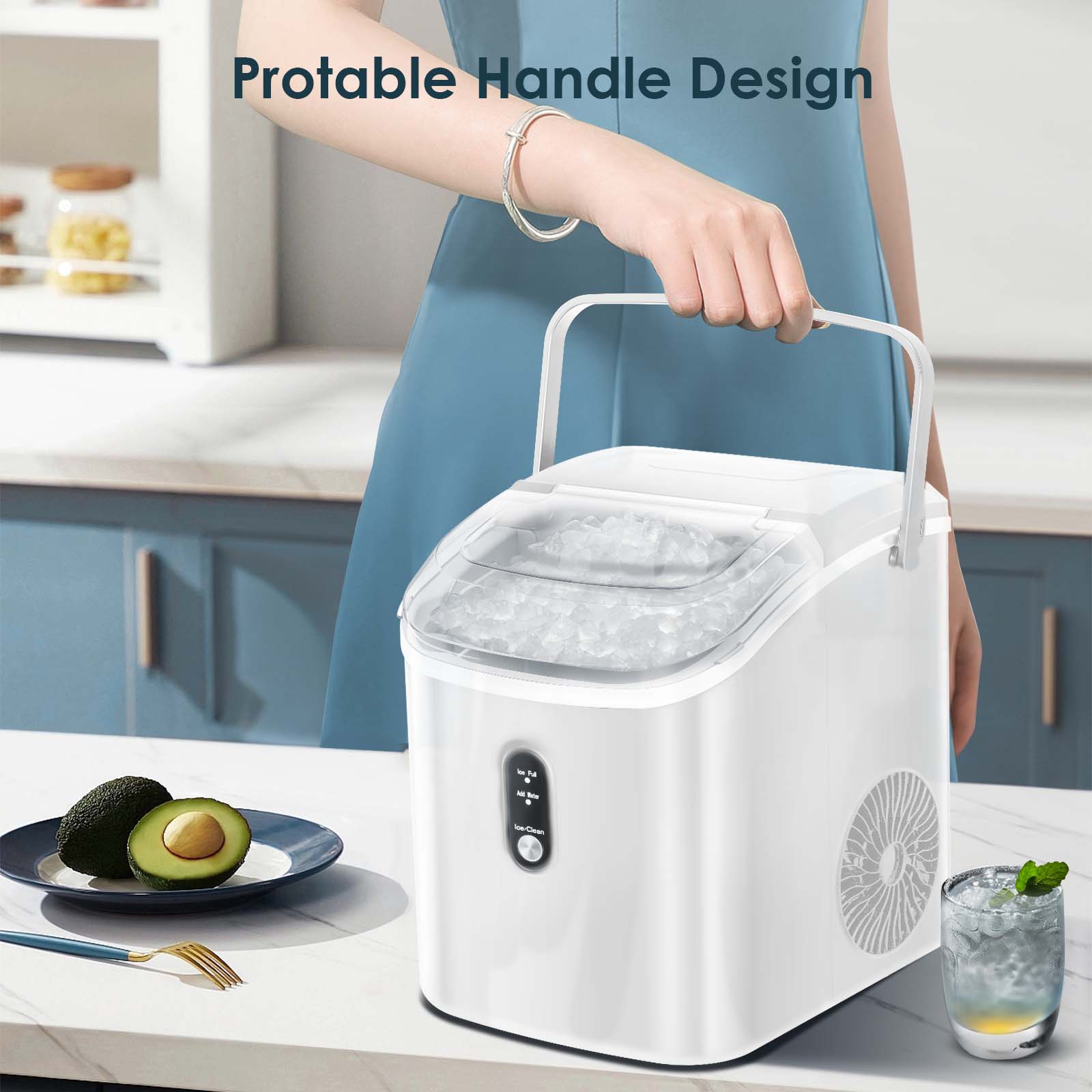 Nugget Countertop Ice Maker with Soft Chewable Ice, 34Lbs/24H, Pebble Portable Ice Machine with Ice Scoop, Self-Cleaning