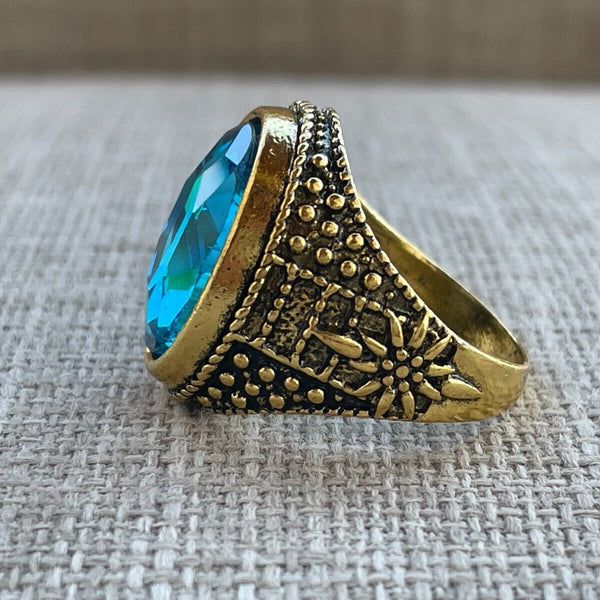 Men Rings Blue Faux Stone Gold Tone Turkish Style Fashion Jewelry Size 10.5