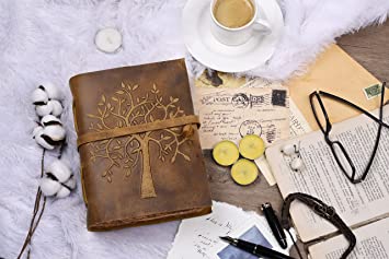  LEATHER VILLAGE Tree of Life Journal – 8 X 6 (A5) inches – 200  Antique Deckle Edge Handmade Paper – Book of Shadows – Green Color -  Vintage Leather Bound Journal for Women & Men : Office Products