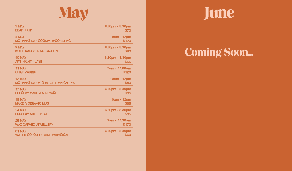 May Workshop Calendar