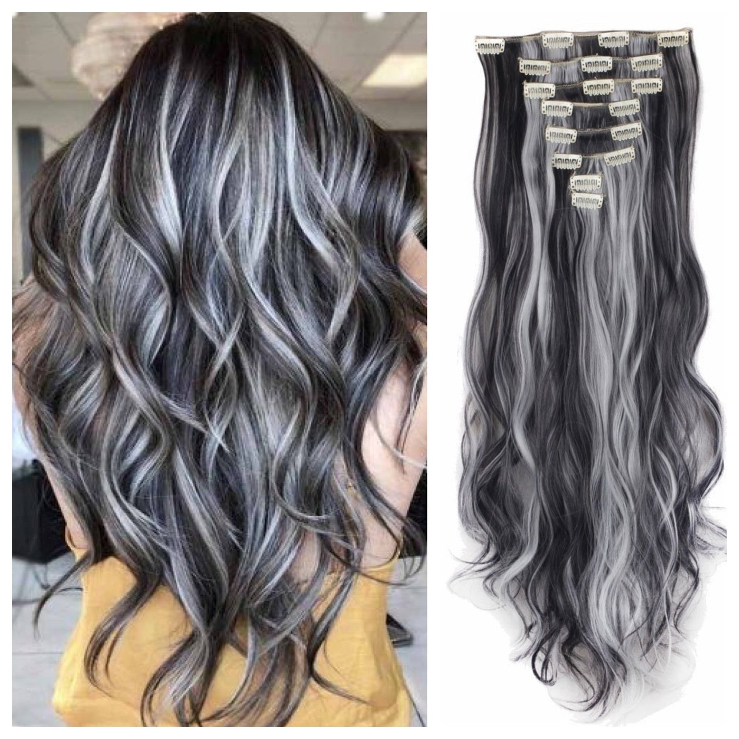 Black Hair with Silver Highlights Hair Extensions 24
