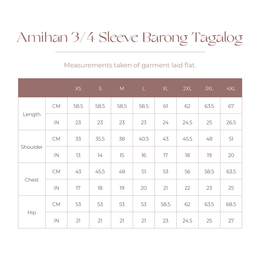 Size Chart - Amihan 3/4 Sleeve Barong Tagalog