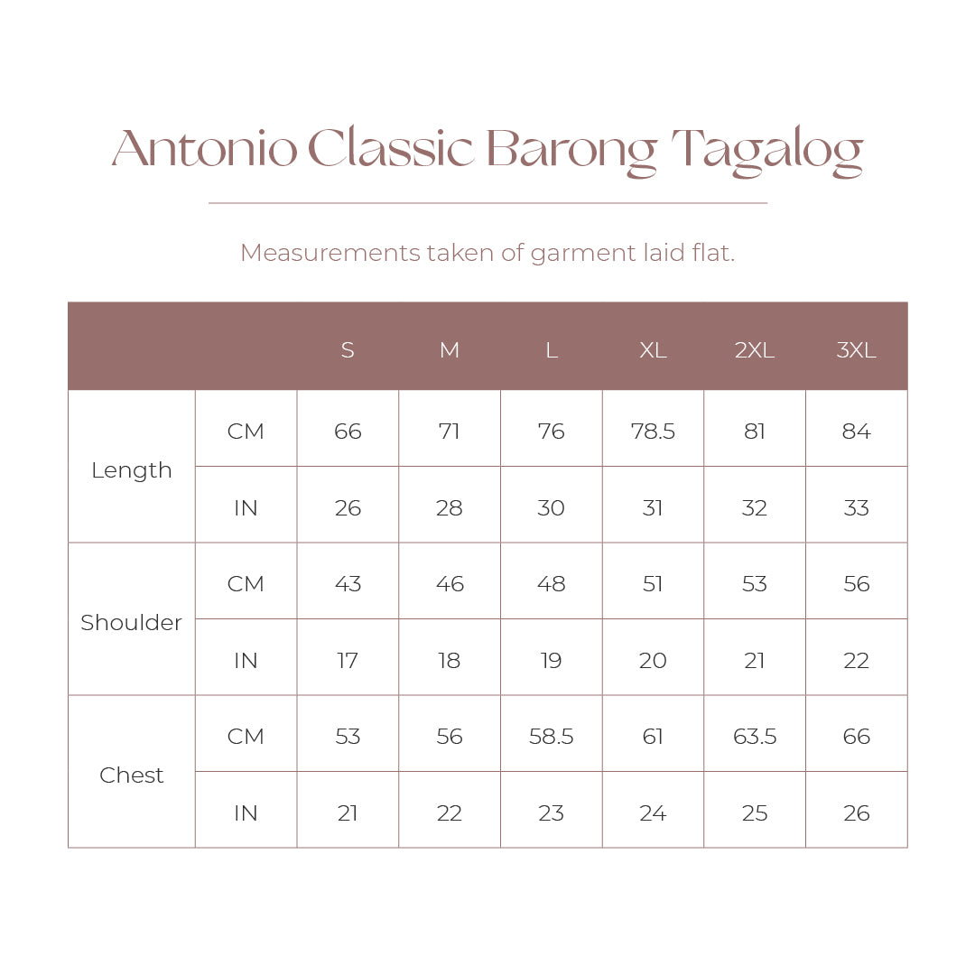Size Chart - Antonio Classic Barong Tagalog