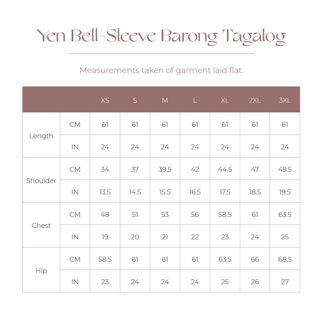 Size Chart - Yen Bell-Sleeve Barong Tagalog