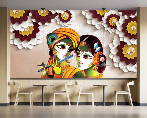 Modern Radha Krishna Wallpaper- Peach In Background