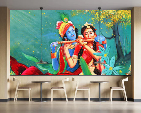 Radha Krishna Blue Greenish Wallpaper