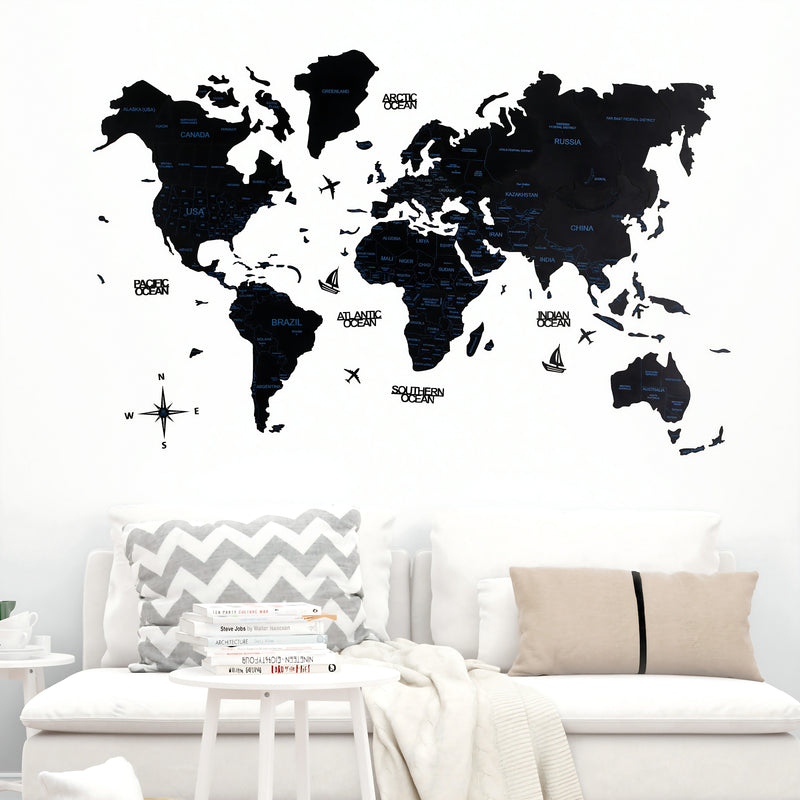 2D Wooden World Map Obisidian Black