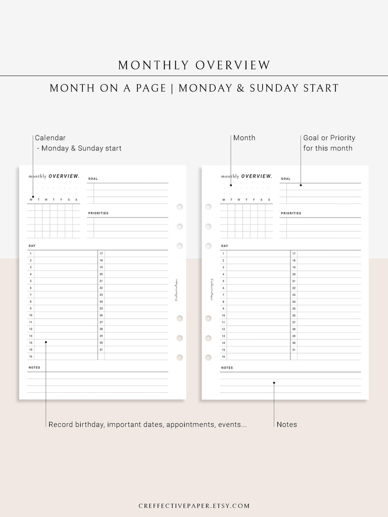 M108 | Monthly Overview, Month on a Page Printable Planner Inserts ...